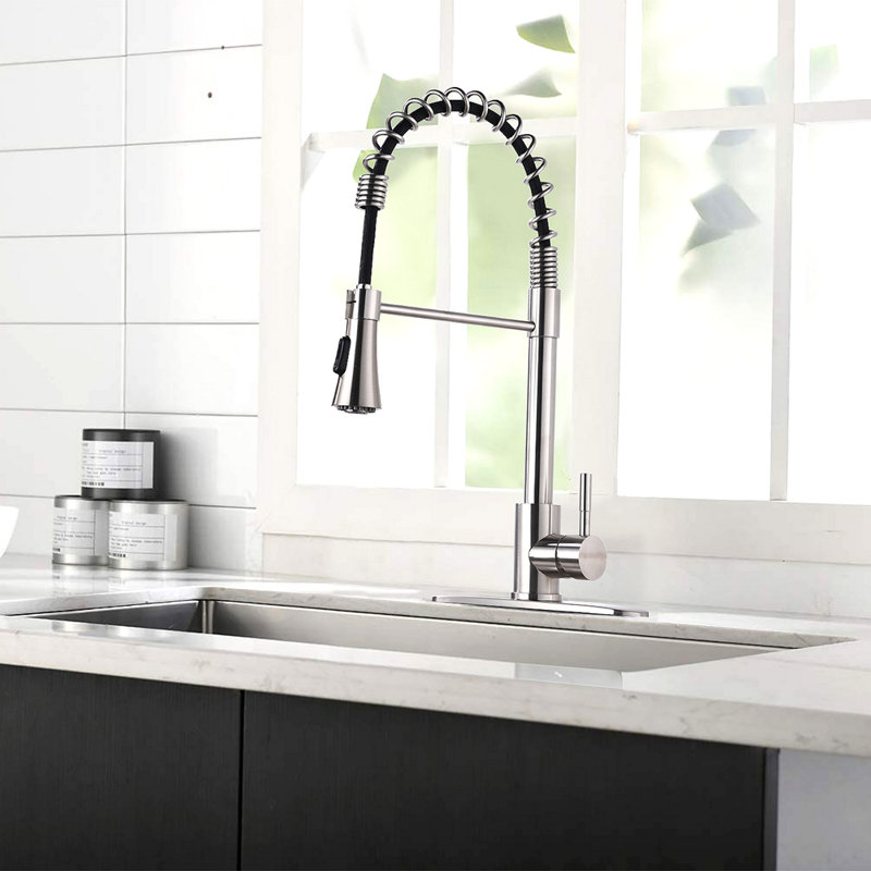 Commercial Kitchen Sink Faucet With Deck Plate, Brushed Nickel