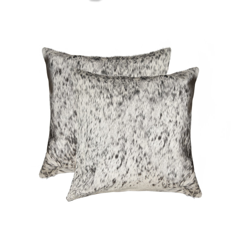 Set of Two 18" Cowhide Throw Pillows, Dark Gray/ Light White