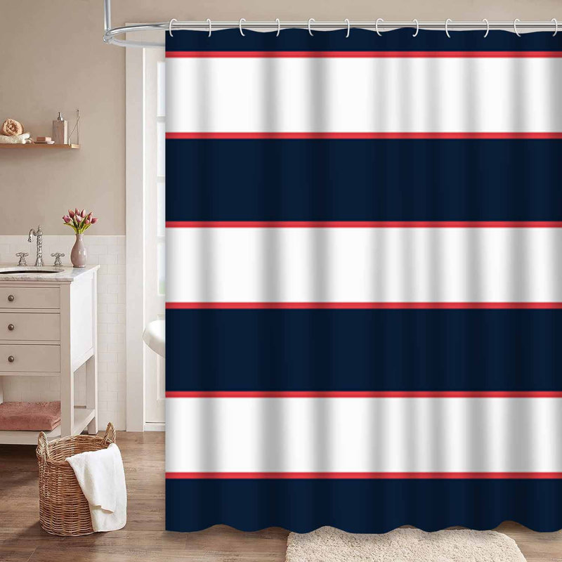 Rideau de douche rayé à rayures horizontales crème avec 12 crochets, 72" L x 84" W