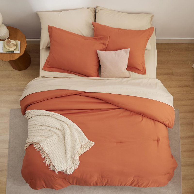Ensemble d'édredon de taille très grand - 7 pièces Ensemble de literie très grand orange brûlé pour toutes les saisons, lit contrastant de style bohème dans un sac avec édredon, draps, taies d'oreiller et taies décoratives