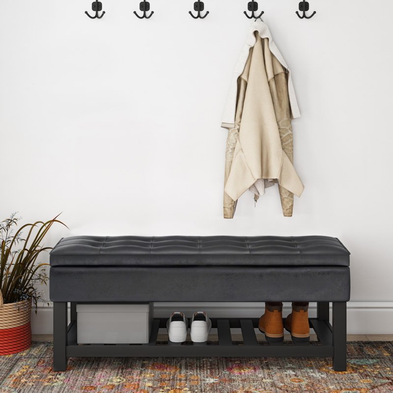 Cosmopolitan 44"W Vegan Leather Transitional Storage Ottoman Bench with Tufted Lift-Top and Open Shelf, Distressed Black