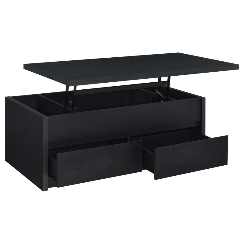 Table basse à plateau relevable avec deux tiroirs pour une surface de travail à hauteur réglable et des solutions de rangement cachées.