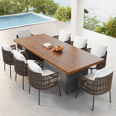 9 Pieces Outdoor Patio Dining Set for 8 Person with Rectangle Teak Table & Rattan Chairs
