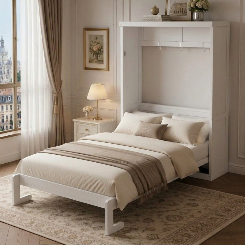 Lit escamotable simple avec armoire pliante, blanc, Lit simple, Blanc