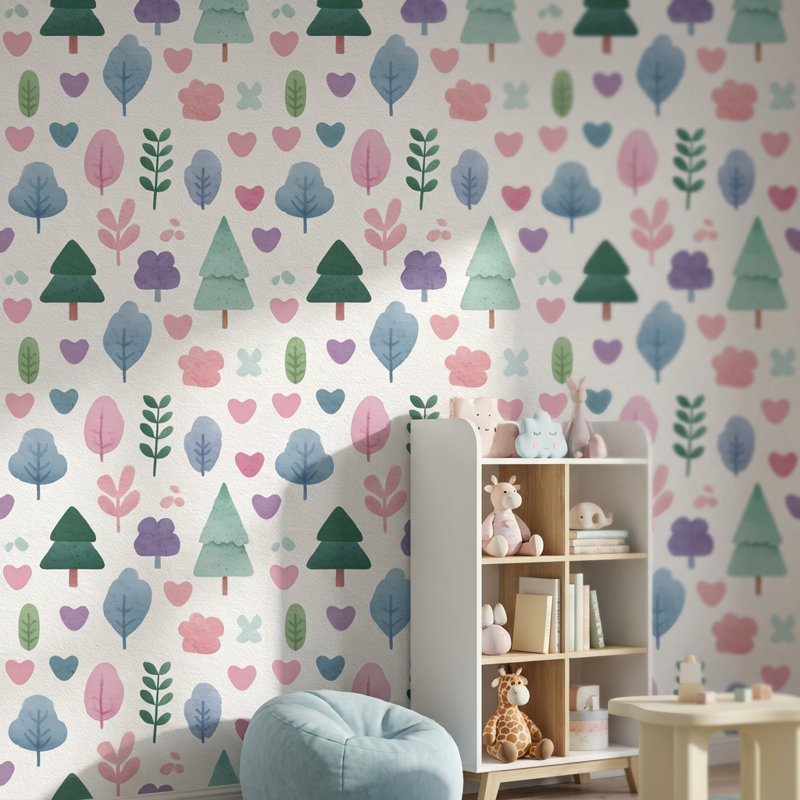 Papier peint blanc avec feuilles et arbres