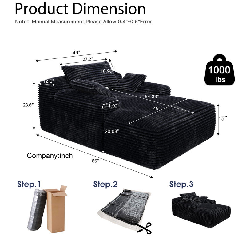 Boneless Boneless Oversized Corduroy Sofa Deep Seat Couchs With 3 Pillows,no Assembly., Black
