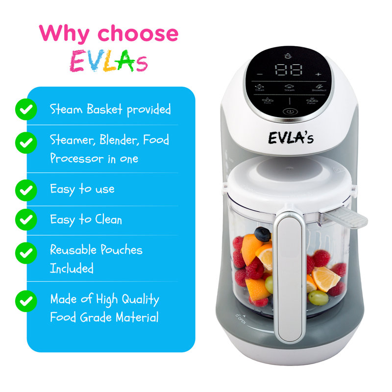 Baby Food Maker and Blender - Blend, Grind, Steam, and Cook Homemade Baby Food - Self Cleaning Machine with Touch Screen and 6 Reusable Pouches by EVLA’s (White)