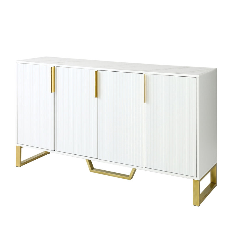 Buffet moderne à quatre portes avec poignées en métal, pieds et tablettes réglables pour un rangement polyvalent et une organisation de cuisine élégante