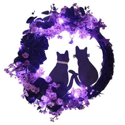 Halloween Black Cat Wreath With Roses - 15.7In Farmhouse Style Wreath