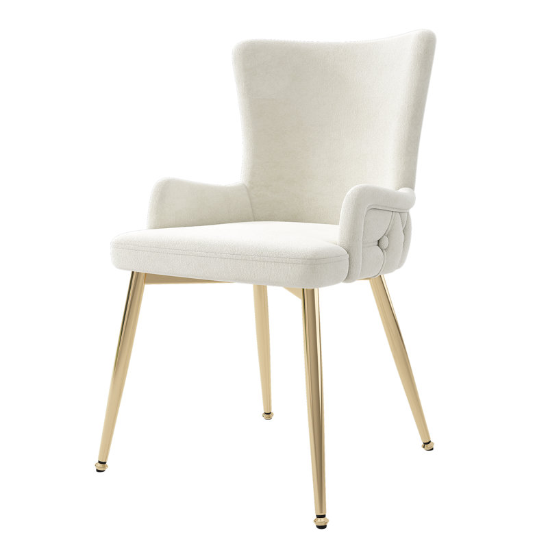 Velvet Upholstered Metal Armchair, Beige, Gold, 2