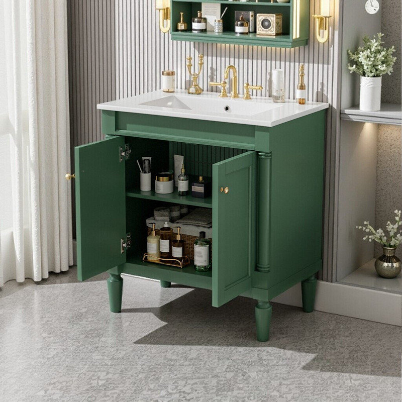 Meuble-lavabo de 30 pouces avec lavabo en céramique et portes à fermeture douce, Vert