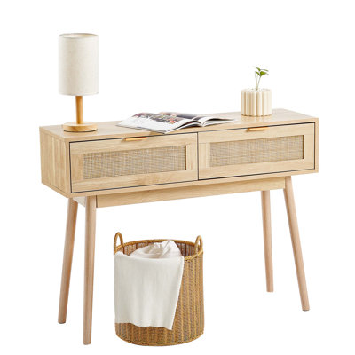 Natural Rattan Console Table With Two Storage Drawers And Sliding Door, Ideal For Entryway, Living Room, Study Or TV Wall Use.