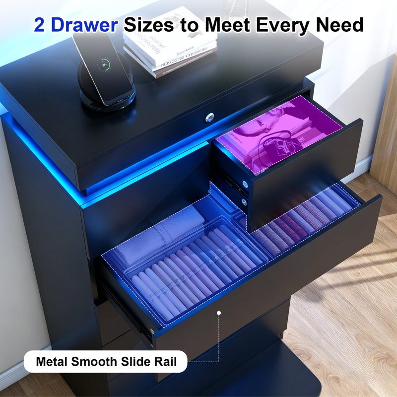 51.3” Tall 7-Drawer Dresser with LED Lights, Power Outlet & Hidden Lock Storage, Modern Vertical Storage Chest for Bedroom, Living Room