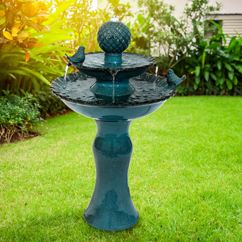 Weather-Resistant Resting Birds Contemporary Blue Ceramic 2-Tiered Outdoor Water Fountain, Teal
