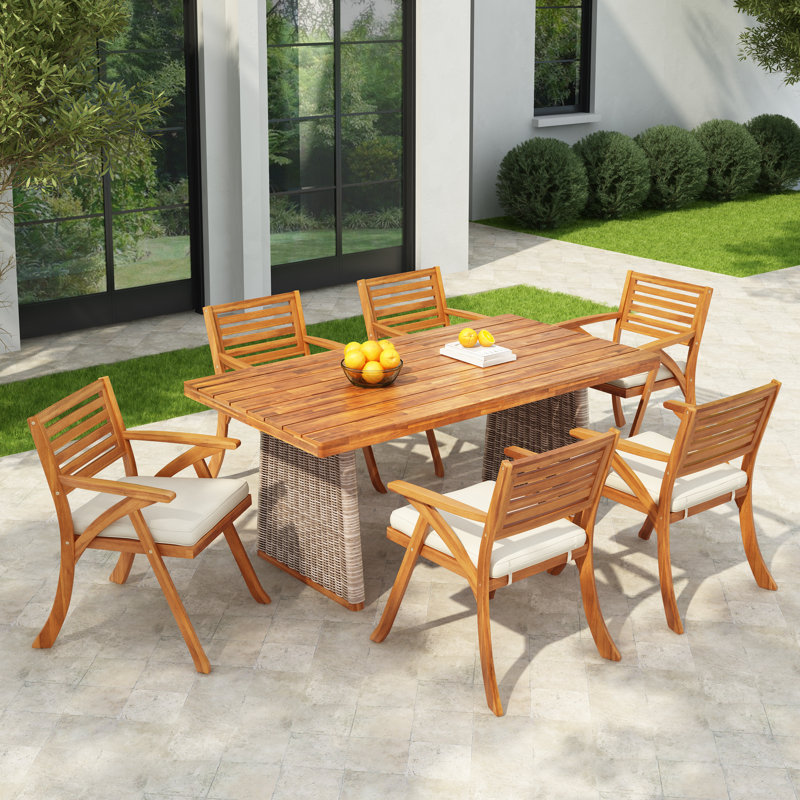 Tidehaven 7-Piece Coastal Acacia Wood Patio Dining Set With 6 Slatted Chairs, PE Wicker Base & Water-Repellent Cushions