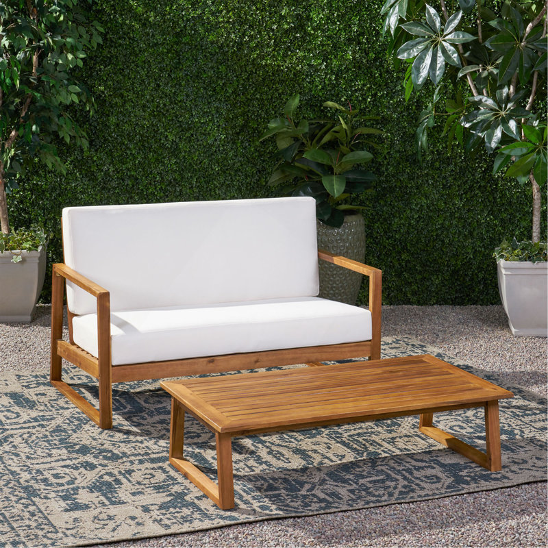 Causeuse et table basse Belge, Coussin beige / structure en teck