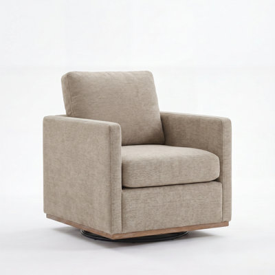 30.7"W Square Upholstered 360° Swivel Accent Chair, Comfy Single Sofa with Weathered Wood Base, Club Reading Armchair for Living Room Bedroom