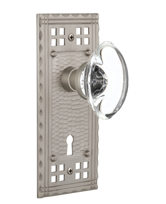 Assiette artisanale avec trou de serrure décoratif et poignée de porte ovale en cristal transparent, 2.75", Nickel satiné