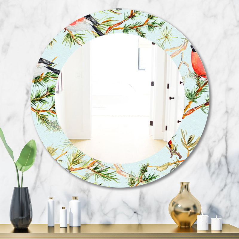 Petit oiseau avec un coffre rouge sur une branche de pin - miroir traditionnel, H 31,5 po x l 23,7 po