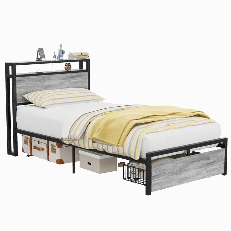 Bed Frames With Drawer, Industrial Gray, Extra-Long Twin