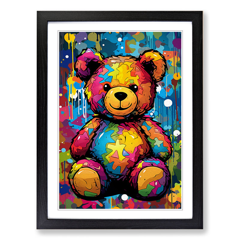 XYZ-FRM-V1223-1621 Teddy Bear Pop No.2 - Single Picture Frame Print on Wood, Black, 34cm H x 25cm W x 2cm D