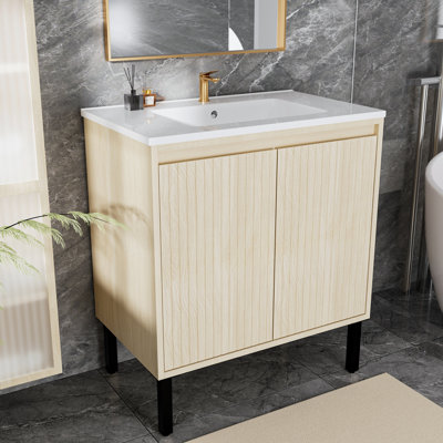 Meuble-lavabo sur pied moderne en chêne de 30 pouces avec tiroirs à fermeture en douceur et lavabo en céramique blanche pour les salles de bain modernes et compactes