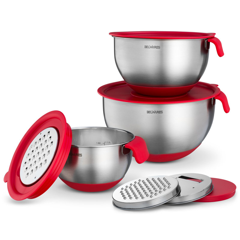 Red Stainless Steel Nesting Mixing Bowl Set with Lids and Graters