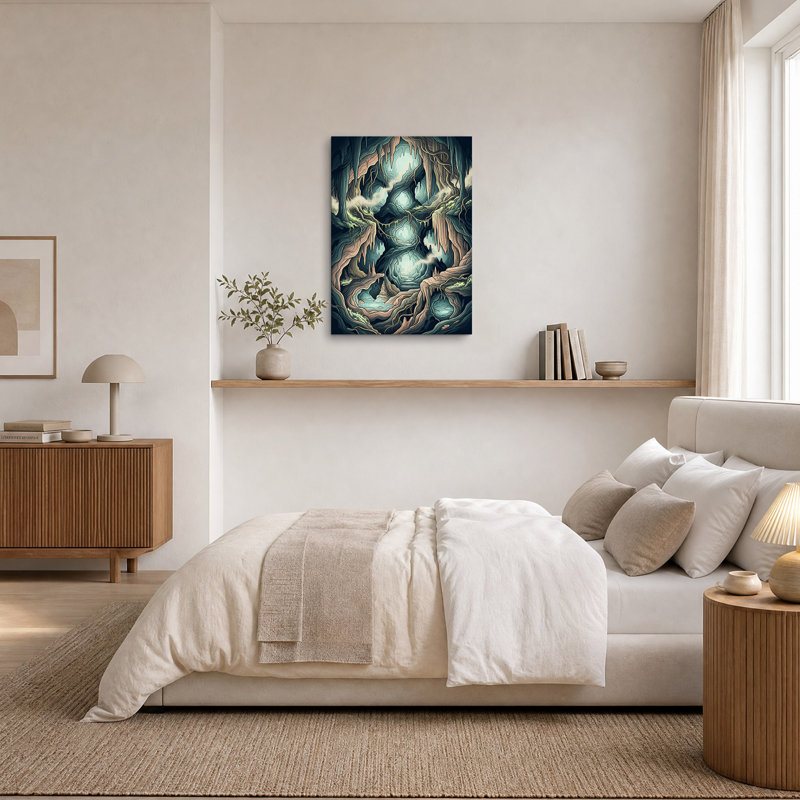 Tableau sur toile représentant une grotte lumineuse turquoise et brune aux racines entrelacées, H 24 po x l 16 po