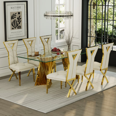 Ensemble de chaises de salle à manger en chenille Glam blanc avec pieds en forme de X en or poli