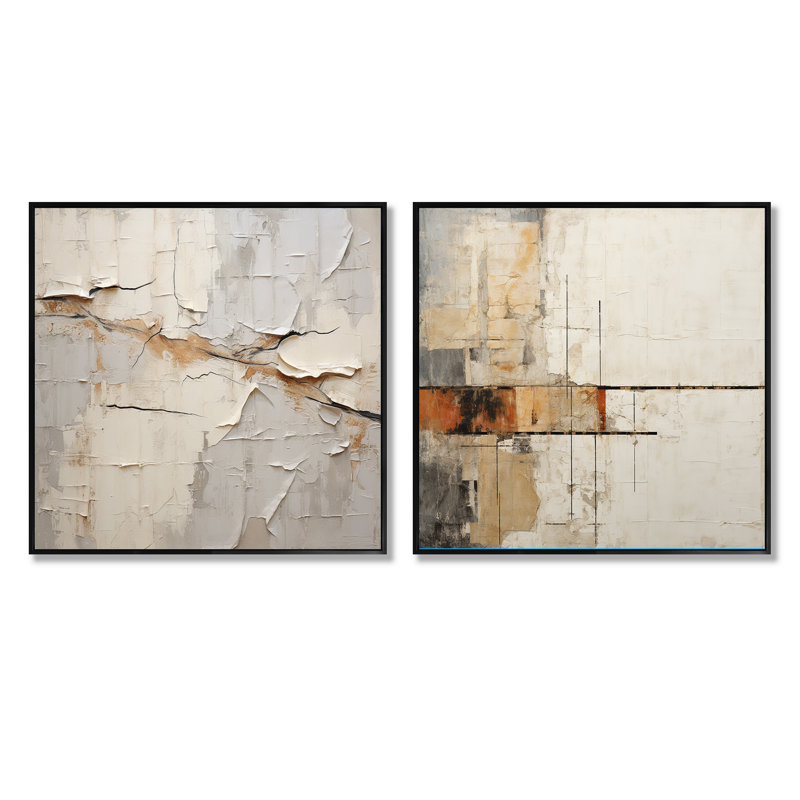 Collage abstrait beige et brun - Ensemble de 2 collages abstraits carrés, H 16 po x l 33 po, Cadre flottant noir