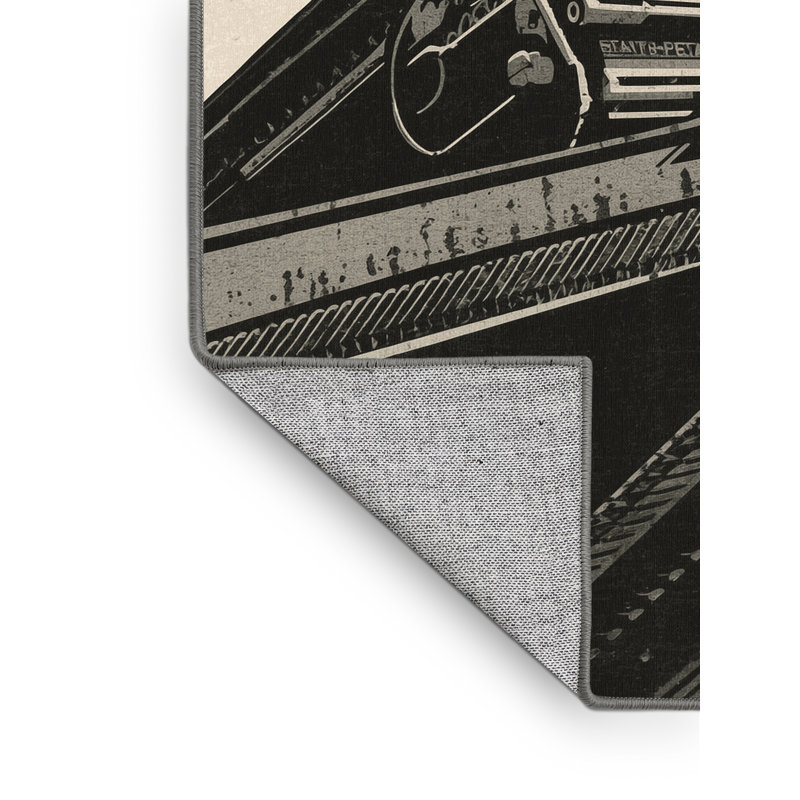 Machine Washable Daleville Bulldozer Construction Vehicle Industrial Block Print Rug in Brown – Gray Binding, 8x10
