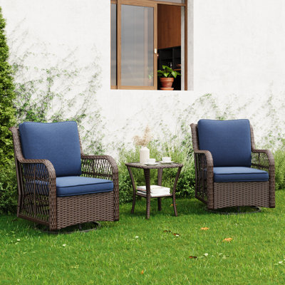 Ensemble de jardin pivotant en résine tressée avec table et fauteuils de jardin, 3 pièces, avec coussins de 10 cm d'épaisseur et table basse pour porche, balcon ou terrasse (bleu)