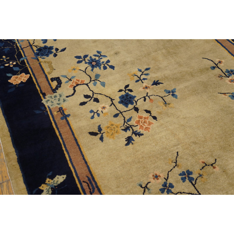 1920s Ivory Small Scatter Size Rectangle Chinese Wool Antique Knotted - Art Deco Rug