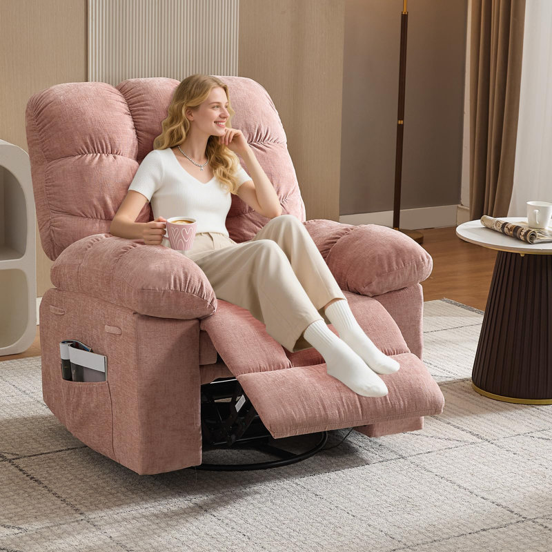 35.4" Wide Oversized Manual Recliner with Massage and Heat, Swivel Rocking Chairs with Side Pocket, Pink