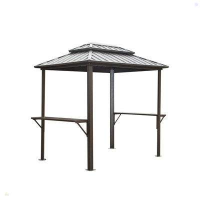 Grill Gazebo, Aluminum BBQ Gazebo Outdoor Metal Frame With Shelves Serving Tables, Permanent Double Roof Hard Top Gazebos For Patio Lawn Deck Backyard And Garden