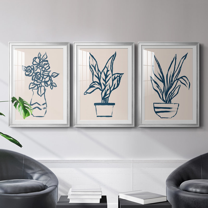 Marine Plant Sketches I - ensemble de 3 reproductions de cadres photo, Cadre argenté, H 53 po x l 36,5 po x P 2,5 po