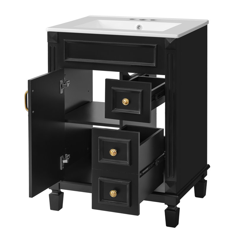 Meuble-lavabo 24 po avec lavabo en céramique, petite armoire de salle de bain moderne, 2 tiroirs et tablette réglable, Black