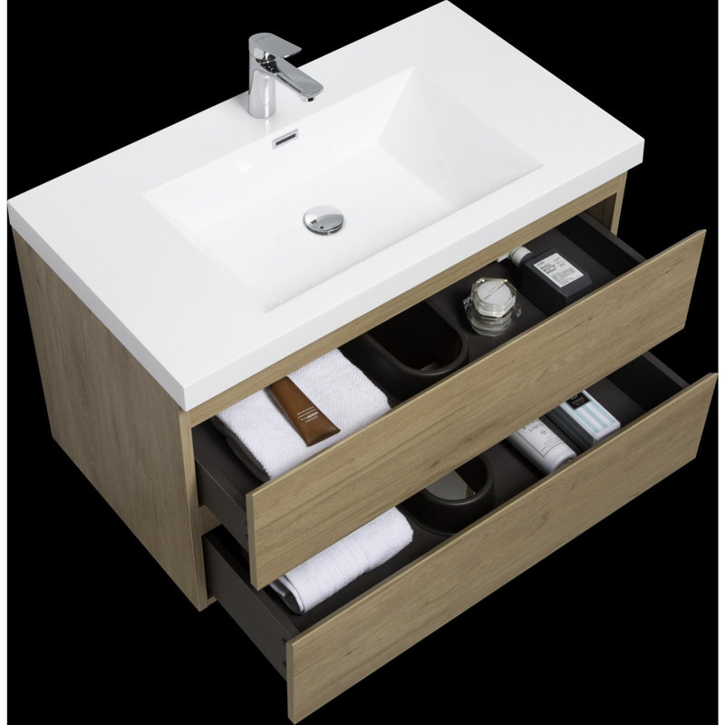 Meuble-lavabo mural moderne pour salle de bain, Chêne