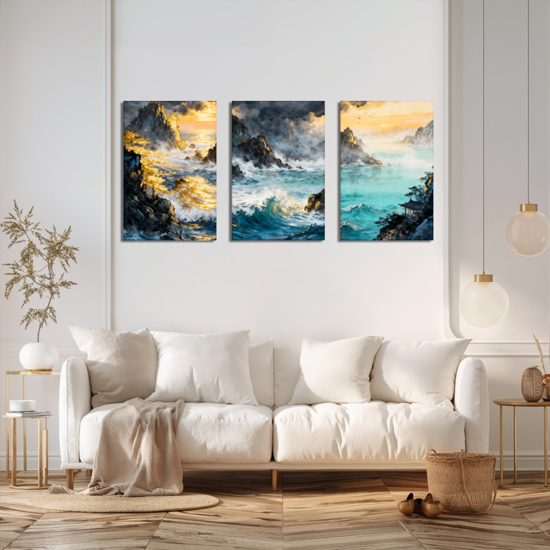 Toiles murales représentant des vagues océaniques et un paysage de montagne (lot de 3), H 18 po x l 36 po