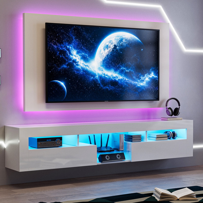 Meuble télé mural suspendu DEL laqué brillant avec 2 placards et une étagère en verre, compatible avec les téléviseurs de 55 po à 85 po et plus, idéal pour le salon ou la chambre, montage facile, blanc.