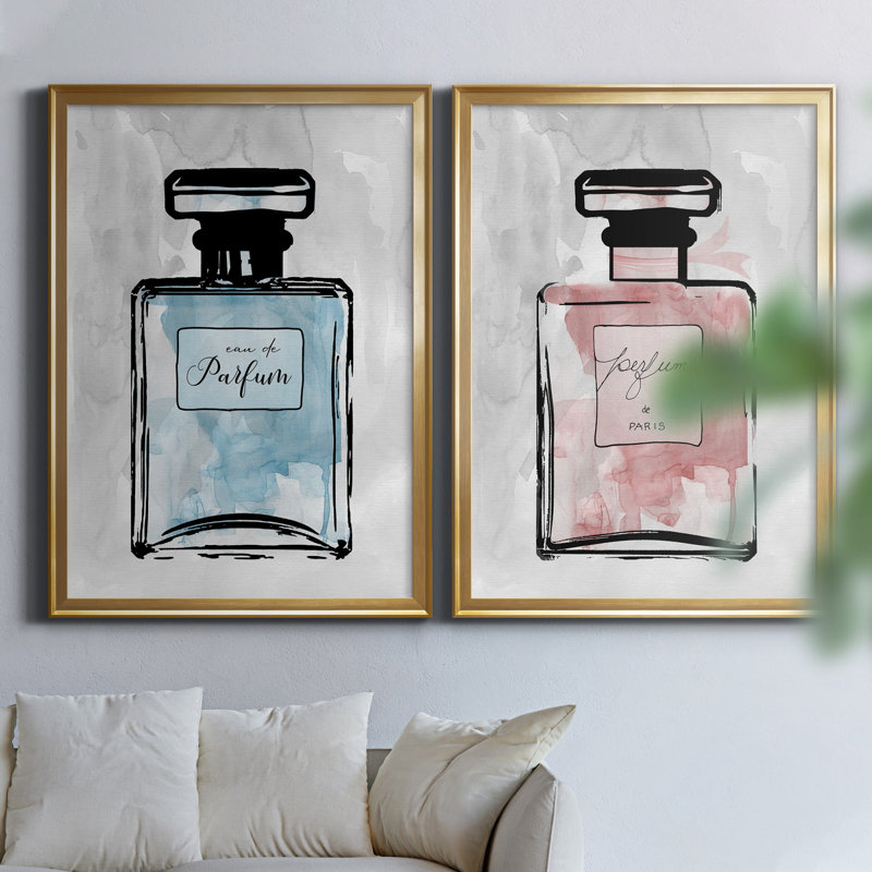 «Blue Wash Perfume», ensemble de 2 reproductions d'art, H 22,5 po x l 61 po x P 1,5 po, Toile encadrée dorée, Pas de tapis