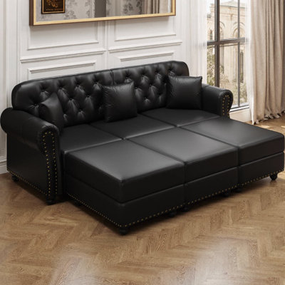 82.6" Upholstered Faux Leather Sectional Sofa, Mid-Century Modern Chesterfield Sofa Design with 3 Movable Ottomans, 3 Pillows, Tufted Back, Rolled Arm