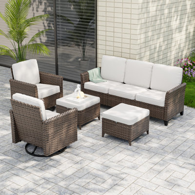 6-Piece 5-Person Mix Brown Rattan Wicker Patio Outdoor Spacious Swivel Chair Conversation Set Sofa Seating Group with Cushion