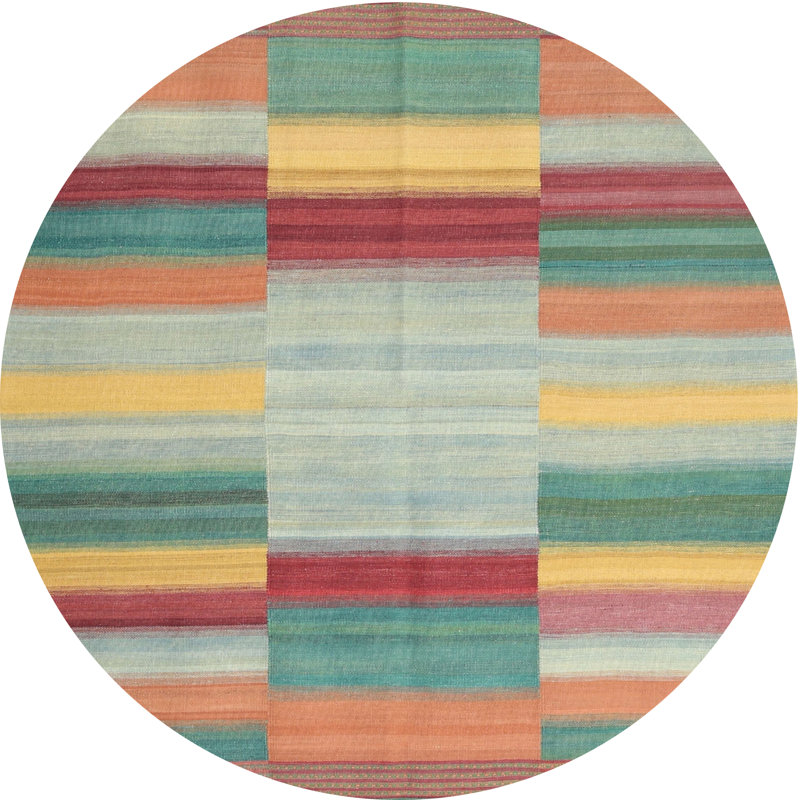 Tapis de zone rouge/vert/orange contemporaine, Rond 8 pi