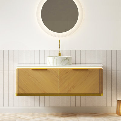 Meuble-lavabo de 48 po avec lavabo en contreplaqué flottant avec 2 tiroirs, capteur de lumière, vasque en céramique blanche à motif de pierre et plateau en pierre frittée, pré-assemblé, couleur grain de bois de chêne Corolla