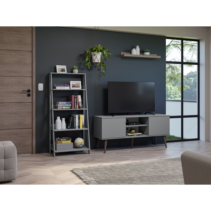 Meuble télé avec 2 portes et 2 tablettes latérales Latitude, Gris