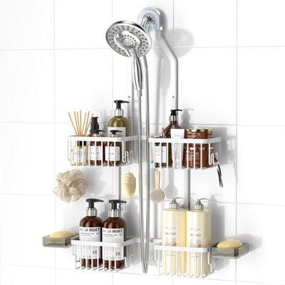 Aluminum Shower Caddy Hanging Adjustable Shower Caddy, Rustproof Hanging Shower Organizer with Hooks Soap Holders,(White)