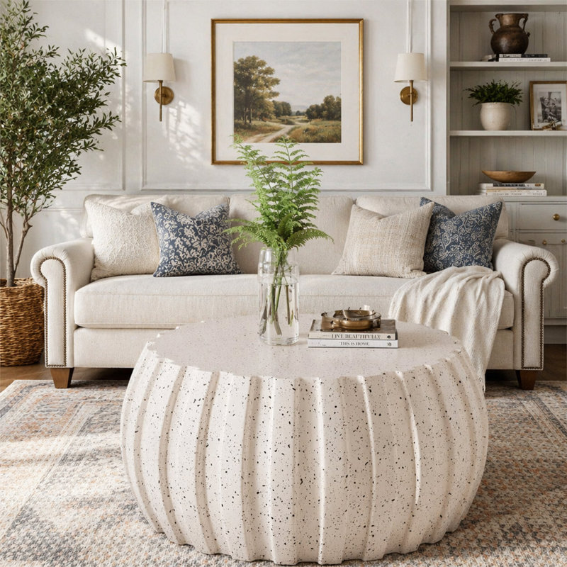 Table basse imperméable moderne 35,43 po, conception en ciment durable, compatible avec l'intérieur et l'extérieur, Blanc