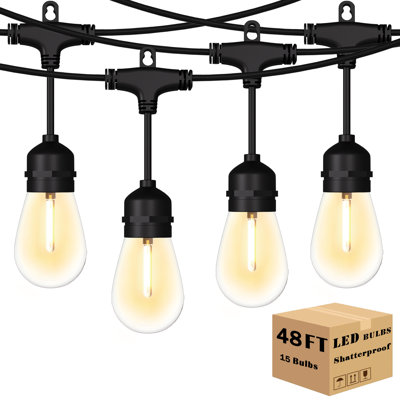 48FT LED Outdoor String Lights Patio Lights with 15 Shatterproof S14 Bulbs,Connectable Dimmable Waterproof LED String Lights for Party,Garden,Birthday,Wedding,Backyard,Porch,Deck,Balcony,Christmas,Halloween, 2700K Warm White