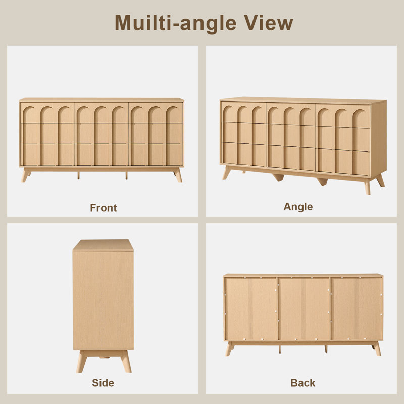 9-Drawer Mid-Century Arched Dresser, Natural